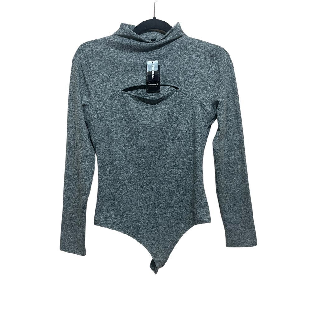 NWT Express Body Contour Gray Mock Neck Cutout Thong Bodysuit Trendy‎ Size M